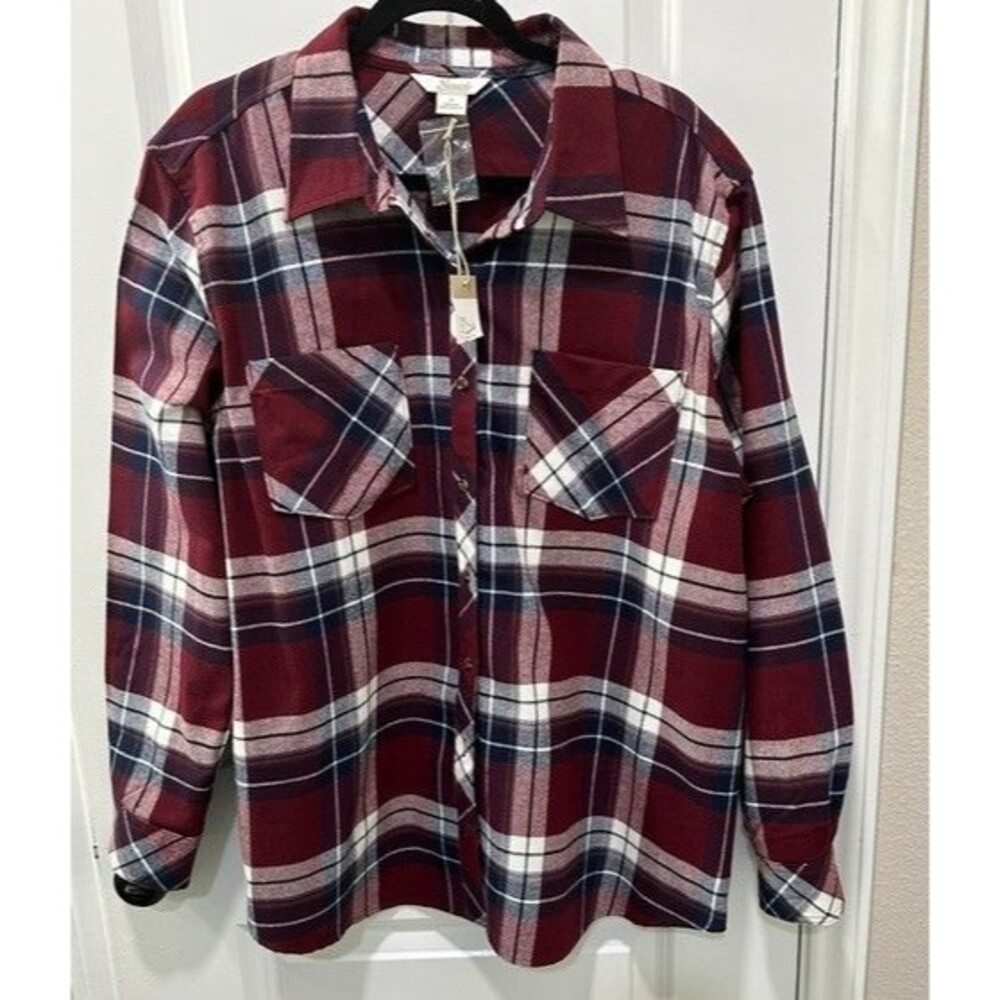 NWT Natural Reflections Womens Flannel Shirt 1X Burgundy White Black Plaid